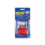 L'emballage du produit anti-moustique Nexis présente un design bleu et blanc avec un appareil rouge, des recharges et une image de moustique. Le texte met en évidence « +5 » pastilles gratuites incluses.