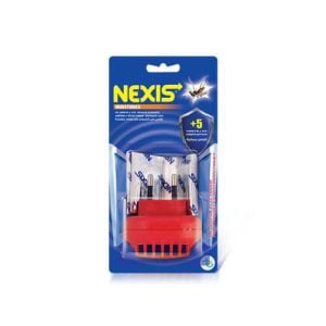 L'emballage du produit anti-moustique Nexis présente un design bleu et blanc avec un appareil rouge, des recharges et une image de moustique. Le texte met en évidence « +5 » pastilles gratuites incluses.