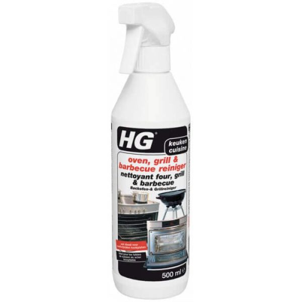 Un flacon pulvérisateur blanc de 500 ml intitulé « Nettoyant Four, Grill Et Barbecue - HG » comporte du texte anglais et français, « nettoyant pour four, grill et barbecue », ainsi que des images d'un four et d'un gril.
