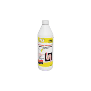 Le Déboucheur Liquide Hg 1 L de HG est un flacon blanc avec une étiquette jaune, avec une illustration de canalisation bouchée pour souligner son utilisation pour déboucher les canalisations. Il est doté d'un bouchon à vis et a une capacité de 1 litre.