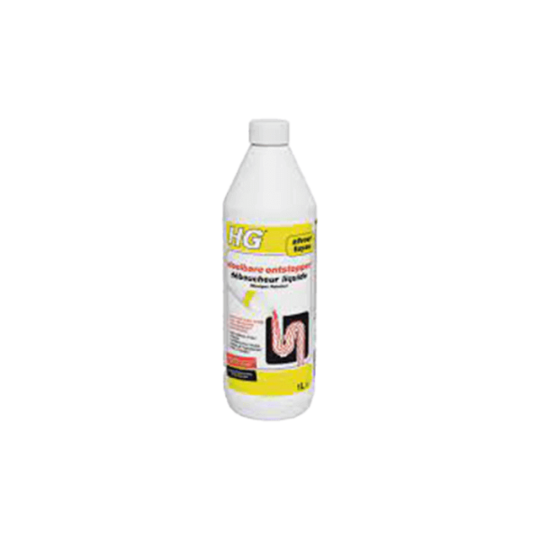 Le Déboucheur Liquide Hg 1 L de HG est un flacon blanc avec une étiquette jaune, avec une illustration de canalisation bouchée pour souligner son utilisation pour déboucher les canalisations. Il est doté d'un bouchon à vis et a une capacité de 1 litre.