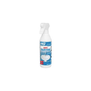 Un flacon pulvérisateur blanc étiqueté « Spray Anti-Tartre Hg 500Ml » avec un design bleu et rouge, doté d'une buse à gâchette.