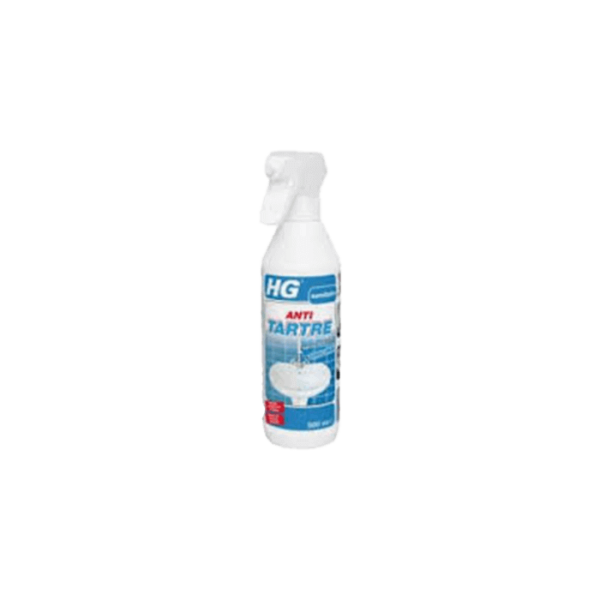 Un flacon pulvérisateur blanc étiqueté « Spray Anti-Tartre Hg 500Ml » avec un design bleu et rouge, doté d'une buse à gâchette.