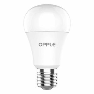 Une ampoule LED blanche de marque Opple, nommée Lampe Led E27 A60 3000K, est dotée d'une base à vis standard pour une installation facile et possède une surface lisse et brillante qui reflète la lumière.
