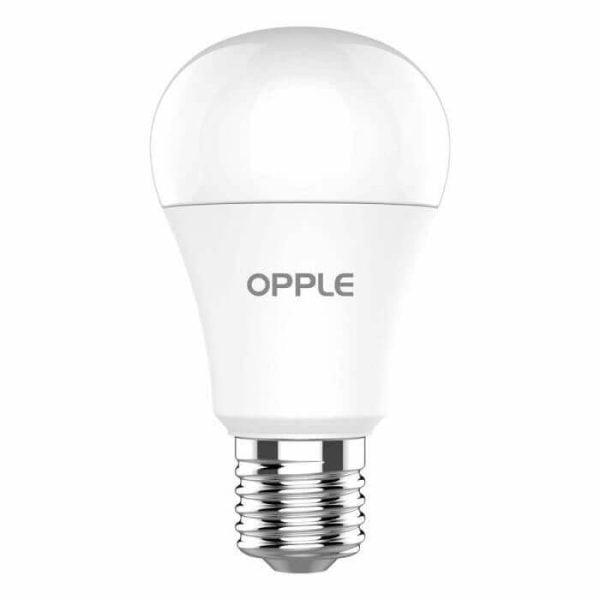 Une ampoule LED blanche de marque Opple, nommée Lampe Led E27 A60 3000K, est dotée d'une base à vis standard pour une installation facile et possède une surface lisse et brillante qui reflète la lumière.