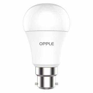 Ampoule LED avec dôme blanc givré et base métallique, avec inscription "OPPLE" sur le côté. Modèle : Lampe Led B22 A60 9W 6500K.