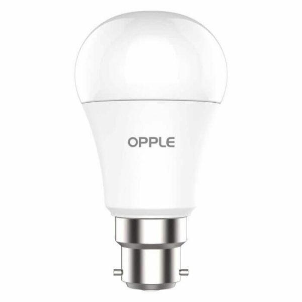 Ampoule LED avec dôme blanc givré et base métallique, avec inscription "OPPLE" sur le côté. Modèle : Lampe Led B22 A60 9W 6500K.