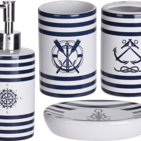 Ensemble Pour Salle De Bain Maritime 4 Pieces Blanc Bleu
