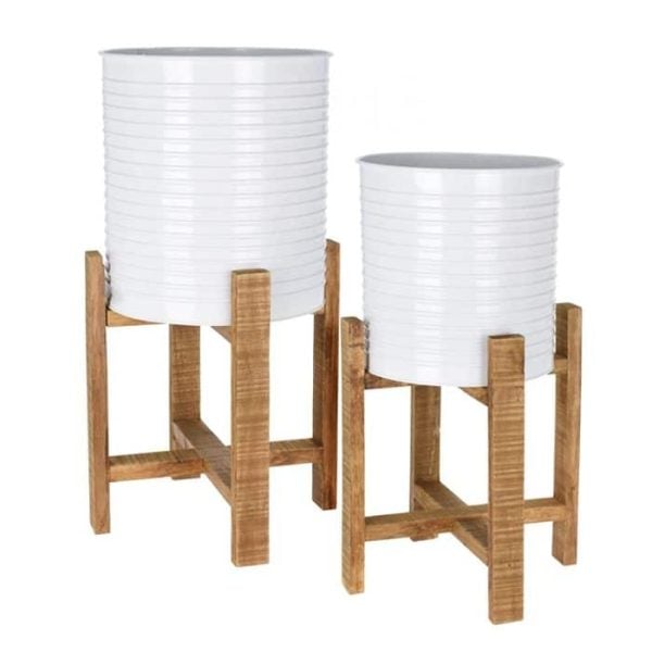 Pot De Fleurs Avec Support En Bois – Set De 2 Pièces