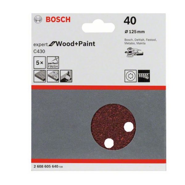 Disques abrasifs C430 8 trous Grain 40 Ø125 mm 5 pièces Bosch