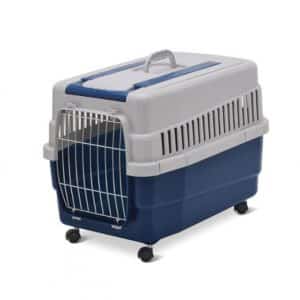 Cage de transport pour chiens et chats avec roues et chariot bleu