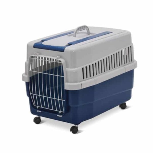 Cage de transport pour chiens et chats avec roues et chariot bleu