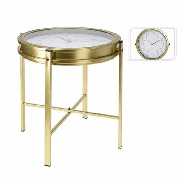 Table d'appoint avec horloge analogique en métal doré
