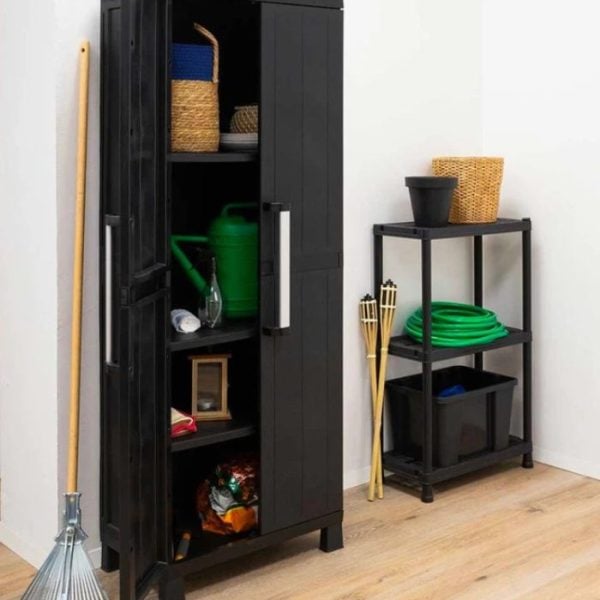 Armoire En Plastique 4 Étagères À Balais Noir Gris 15Kg 65 X 37 X 165 Cm
