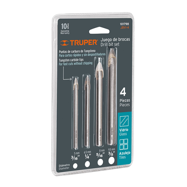 Set de 4 forets pour verre et carrelage 9.5, 8 ,6.5 , 5 mm