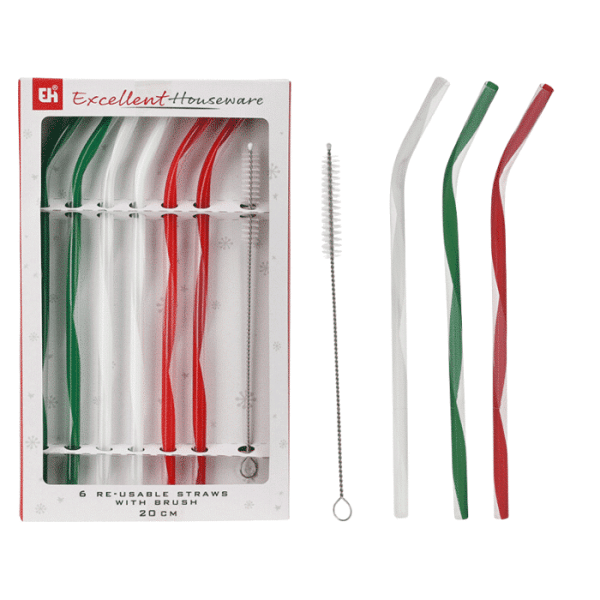 Set De 6 Pailles Multicolore En Plastique  Reutilisables Avec Brosse De Nettoyage