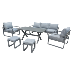 Salon de jardin aluminium gris 5 places avec table et 2 poufs - Mr Bricolage Maroc