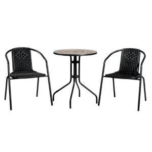 Set de jardin 2 chaises plastique +table en acier noir