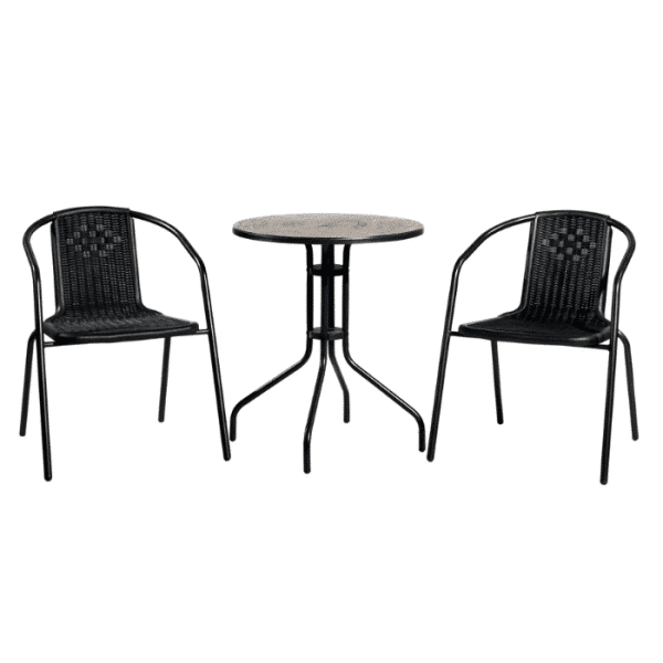 Set de jardin 2 chaises plastique +table en acier noir