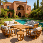 Salon de jardin acacia 6 places avec coussins gris clair- TABLE BASSE- 2 TABLES D'APPOINTS- 2 FAUTEUILS- 2 BANCS – Image 2