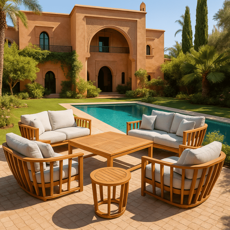 Salon de jardin acacia 6 places avec coussins gris clair TABLE BASSE 2 TABLES D'APPOINTS 2 FAUTEUILS 2 BANCS – Image 2