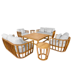 Salon de jardin acacia 6 places avec coussins gris clair- TABLE BASSE- 2 TABLES D'APPOINTS- 2 FAUTEUILS- 2 BANCS