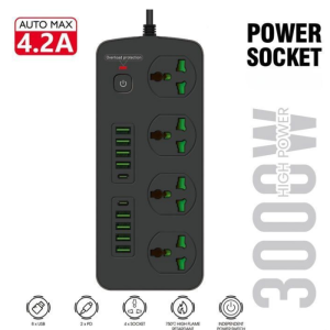 Multiprise universel 4 prises + 8 PORT USB + 2 port type-C  2 M 3000 W / 4.2 A