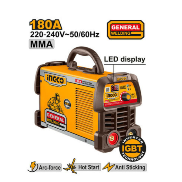 Poste à souder inverter IGBT 180A 220-240V affichage LED fonctions Anti-stick/Hot start/Arc-force électrodes 1.6–4.0 mm avec accessoires