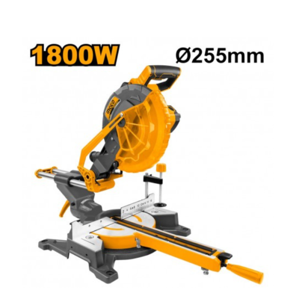 Scie à onglets radiale 1800W lame 255 mm coupe max 89×320 mm double glissière avec accessoires