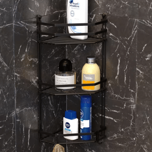Étagère de coin salle de bain à 3 niveaux noir mat 5mm 28x20x50 cm
