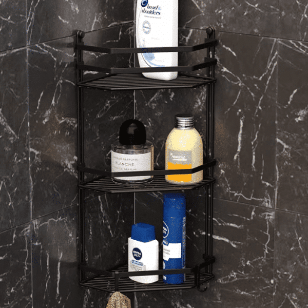 Étagère de coin salle de bain à 3 niveaux noir mat 5mm 28x20x50 cm