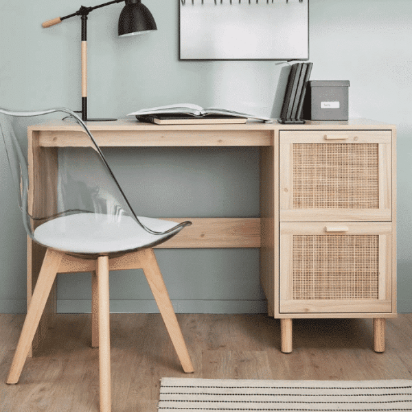 Bureau en rotin naturel avec 2 tiroirs 120x48x75cm