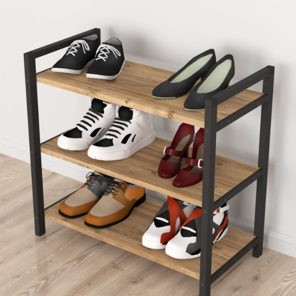 Meuble À Chaussures À 3 Étagères En Métal Et Pin 70 x 66 x 36 cm