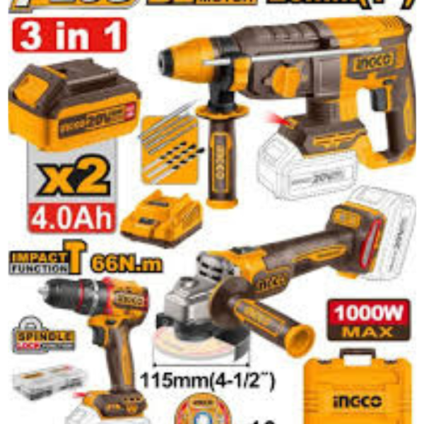 Kit de 3 outils 20 V – perceuse + meuleuse + perforateur avec accessoires