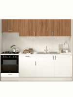 Cuisine moderne avec carrelage géométrique.