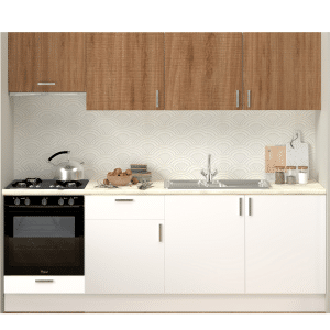 Cuisine moderne avec carrelage géométrique.