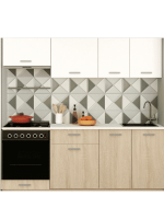 Cuisine moderne avec carrelage marbré.