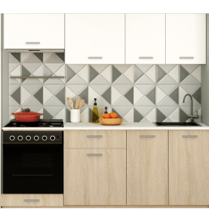 Cuisine moderne avec carrelage marbré.