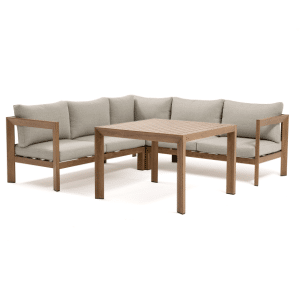Salon de jardin SANTIAGO en aluminium effet bois coussins gris +Table carrée 97 × 97 × 68 cm