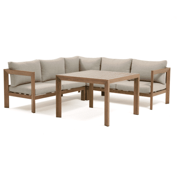 Salon de jardin SANTIAGO en aluminium effet bois coussins gris +Table carrée 97 × 97 × 68 cm