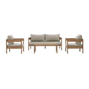 Salon de jardin BOSCO aluminium effet bois 4 places coussins taupe + table