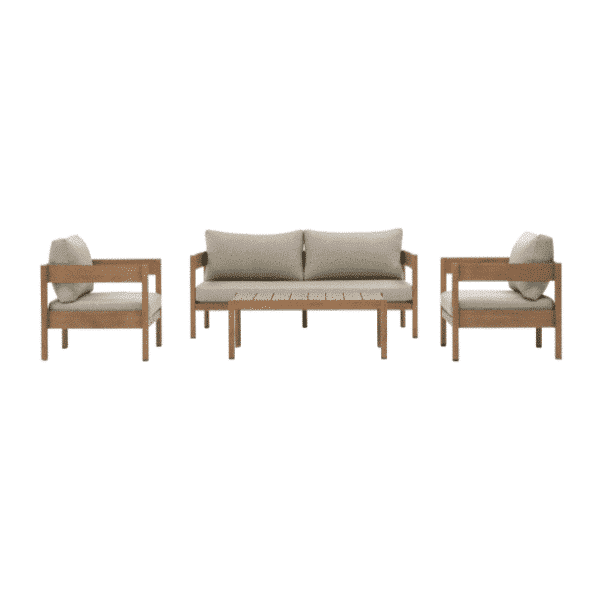 Salon de jardin BOSCO aluminium effet bois 4 places coussins taupe + table