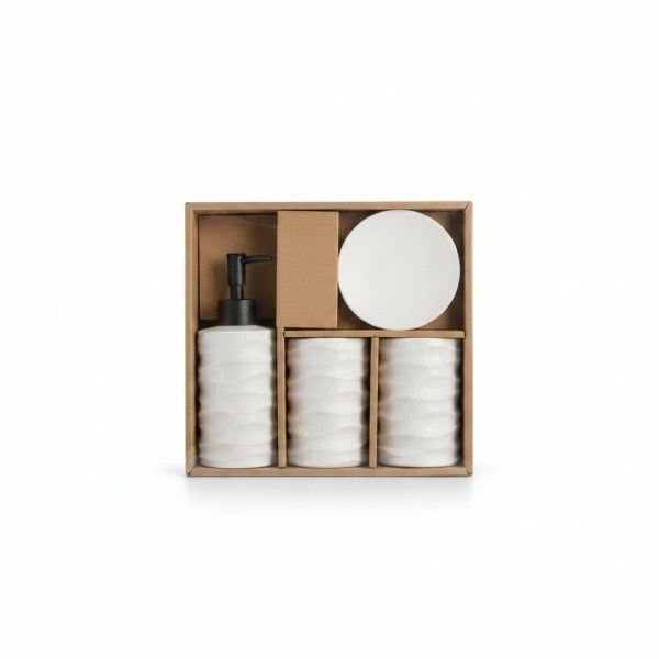 Set 3 Accessoires Salle de Bain Céramique Blanche Texturée