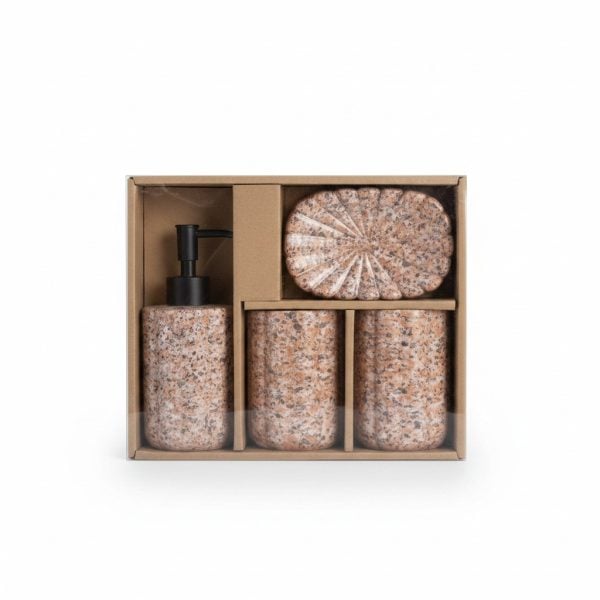 Set 4 Accessoires Salle de Bain Céramique Effet Granité Rose