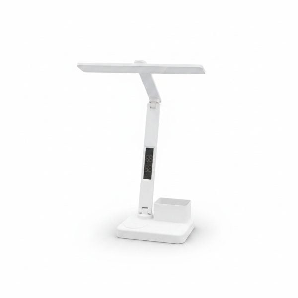 Lampe de bureau LED blanche H33cm avec chargeur et horloge