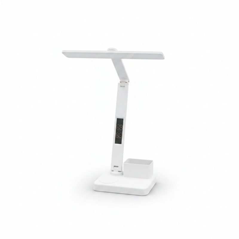 Lampe de bureau LED blanche H33cm avec chargeur et horloge
