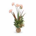 Plante artificielle œillets roses sur base kokedama en jute