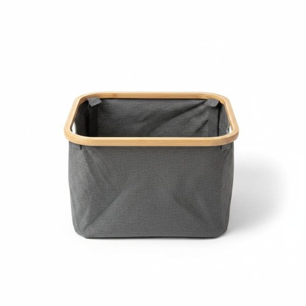 Panier de rangement en tissu gris et bambou 41x33x26 cm