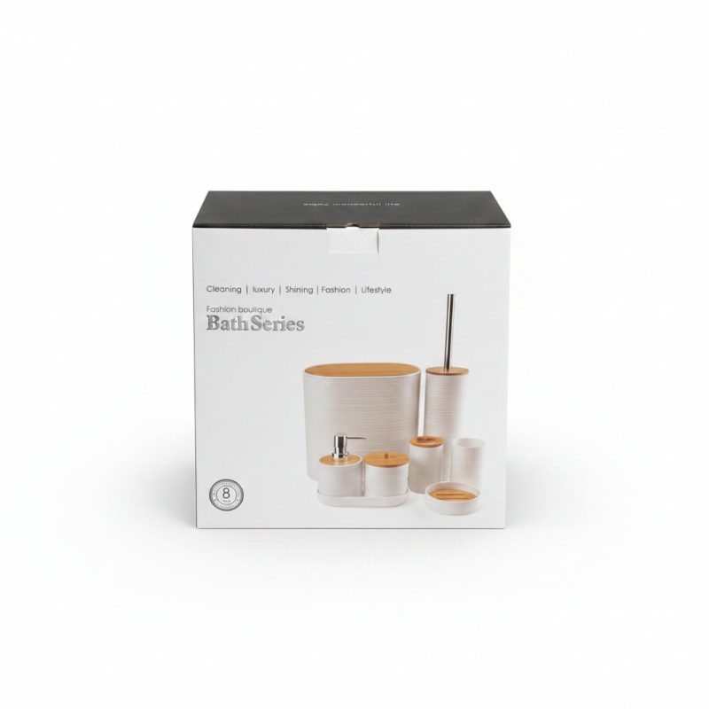 Kit accessoires salle de bain 8 pièces crème et bois