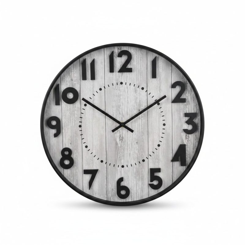 Horloge Murale 50 cm Effet Bois Gris et Chiffres 3D
